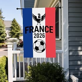 France 2026 Soccer Garden Flag, Featuring Tricolor Design with Rooster Emblem and Soccer Ball, Perfect Outdoor Decor for French Football Fans