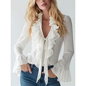 Women's Shirt Blouse Ruffle Shirt Ruffle Solid Color Stylish Basic Classic Long Sleeve V Neck Regular Tops Daily Holiday Going out Black White Purple Summer Sp