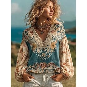 Femmes Chemise Chemises effet lin Patchwork Boutons Imprimé Fleuri Graphique Élégant Bohème ancien manche longue Col en V Hauts Réguliers Quotidien Fête Bleu B