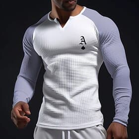 Herren-Henley-Shirt mit Pik-Ass-Motiv (Buchstabe A), sportlich, schmal geschnitten, strukturiert, langärmlig, Waffelstrick, Raglanärmel, lässig, für Fitnessstu