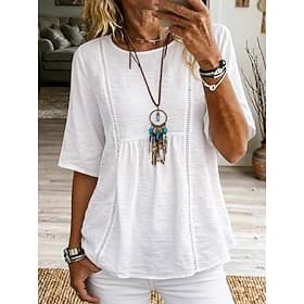 Women's Linen-feel Shirts Blouse Solid Color Daily Stylish Basic Half Sleeve Crew Neck Regular Tops Daily Blue White Summer Spring Fall