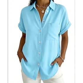 Women's Shirt Blouse Pocket Buttons Solid Color Plain Vintage Stylish Short Sleeve Shirt Collar Long Tops Daily Holiday Going out Black White Pink Orange Grey