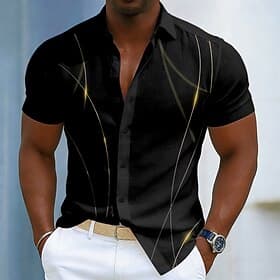 Men's Geometric Gradient Line Shirt Button Up Shirt Short Sleeve Fashion Casual Daily Outdoor Vacation Summer Spring Turndown 3D Print Linen Like Shirt Black