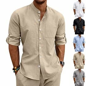 Herren Hemd Leinenhemd Sommerhemd Strandbekleidung Stehkragenhemd Knopfhemd Einfarbig Lässig Urlaub Blau Schwarz Weiß Khaki Langarm Hemdkragen Sommer Frühling