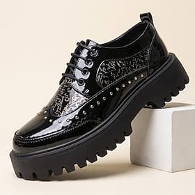 Schwarze Herren-Oxfordschuhe aus Lackleder mit Schnürung, klobiger Sohle, formelle Schuhe mit Nieten, modische Schuhe für Hochzeiten, Partys, Bankette, Bühnena
