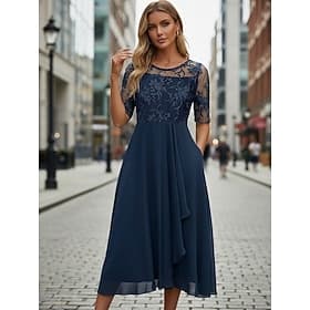 Per donna Abito Midi Vestito in Chiffon Abito in Pizzo Abito da Cocktail Abito da invitata a nozze Elegante Formale Feste Matrimonio Vestibilità regolare Mezza thumbnail 2