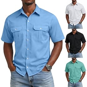 Men's Shirt Casual Shirt Button Up Shirt Cargo Shirt Yellow Short Sleeve Plain Shirt Collar Casual Daily Front Pocket Clothing Apparel Elegant Fashion Casual