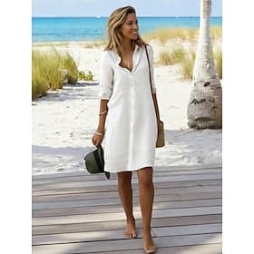 Damen Minikleid Baumwoll Mischung Hemdblusenkleid Weißes Baumwollkleid Figurbetontes Kleid Urlaub Basic Modern Täglich Wochenende Lässiger Schnitt Einfach Drei