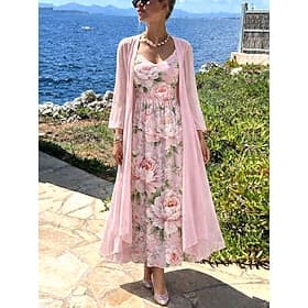 Women's Dress Set A Line Dress Elegant Vacation Floral Graphic Layered Print Midi Dress 3/4 Length Sleeve V Neck Daily Vacation Blue Light Green Pink Summer Sp