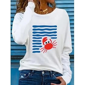 Women's T Shirt Print Graphic Geometric Ocean Fashion Stylish Classic Long Sleeve Crew Neck Regular Tops Daily Weekend Blue Black White Pink Summer Spring Fall