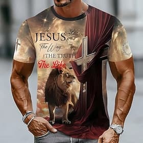 Men's Crusaders Bible Lion Cross Christian T Shirt Short Sleeve T shirt 3D Print Crew Neck Shirt Religious Casual Daily Party Brown Summer Spring Clothing Appa