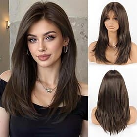 Dunkelbraune Perücke mit Curtain Bangs, mittellange gestufte Haarperücke für Damen, hitzebeständige Kunsthaarperücke für den täglichen Gebrauch