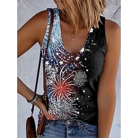 American Independence Day Women's Tank Top Print Graphic Flag Vintage Tropical Stylish Sleeveless V Neck Regular Tops Daily Black White Beige Summer Spring