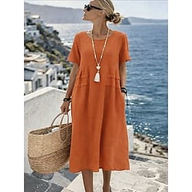 Damen Midikleid Shiftkleid Sommerkleid Lässig Täglich Lässiger Schnitt Einfach Kurzarm Rundhalsausschnitt Orange Sommer Frühling Herbst