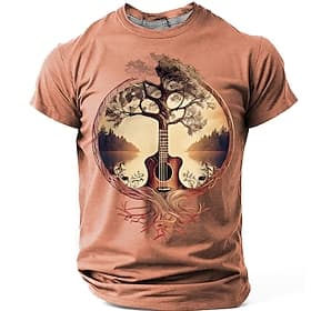 Men's Acoustic Guitar Tree of Life Graphic T-Shirt Nature Roots Surreal Music Art Folk Musician Gift Sunset Landscape Print Casual Short Sleeve Designer Appare