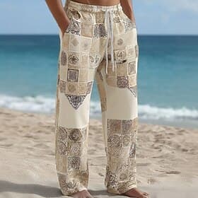 Men's Color Block Patchwork Intricate Floral Trousers Casual Pants Baggy Pants Mid Waist Boho Home Outdoor Vacation Elastic Drawstring Waist Linen-Like Pants w
