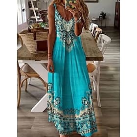 Women's Maxi Dress Boho Dress Casual Dress Slip Dress Fashion Basic Modern Daily Outdoor Beach Regular Fit Geometric Sleeveless V Neck Blue Yellow Red Summer S