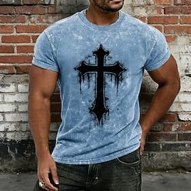 Men's Crusaders Bible Vintage Blue Acid Wash Gothic Cross T-Shirt Distressed Inky Splatter Graphic Tee Mineral Wash Grunge Streetwear Cotton Poly Blend Top S-4