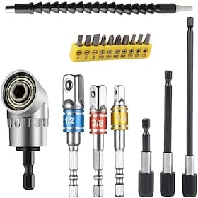 Flexible Drill Bit Extension Set, Includes 105° Right Angle Drill, Bendable Drill Extension, 3pcs 1/4 3/8 1/2 Universal Socket Adapter Set, 3pcs Drill Bit Hold
