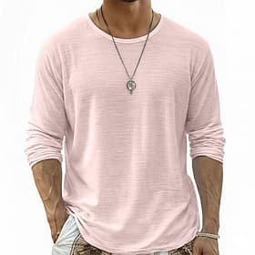 Men's Tee Top Linen T-Shirt Long Sleeve Round Neck Summer Spring All Seasons Solid Color Plain Daily Casual Street Style Plain Casual Outdoor Street White Top