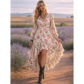 Women's Maxi Dress Pleated Dress Fit And Flare Dress Birthday Casual Formal Beach Date Regular Fit Floral Graphic Long Sleeve V Neck Pink Summer Spring