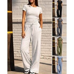 Women's Pullover Sweatsuit Sets 2 Piece Tracksuit Lounge Outfits Drawstring with Pocket Solid Colored Athletic Clothing Set Summer Spring Dark Grey Black Gym