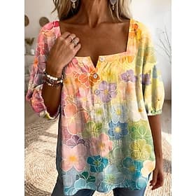 Women's Blouse Print Floral Graphic Daily Stylish Casual Half Sleeve Square Neck Regular Tops Casual Daily Blue Yellow Red Purple Summer Spring