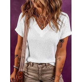 Women's Waffle T-shirt Tee Top Solid Color Elegant Fashion Stylish Short Sleeve Batwing Sleeve V Neck Regular Tops Casual Going out Black White Pink Green Apri