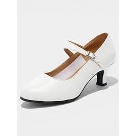 Women's White Ballroom Dance Shoes – Round Toe Mary Jane Standard Dance Heels with Strap, Professional Practice  Performance