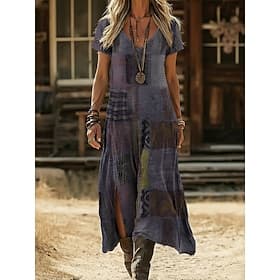 Women's Maxi Dress Boho Dress Casual Dress A Line Dress Print Dress Vintage Outdoor Vacation Weekend Loose Fit Graphic Color Block Short Sleeve V Neck Purple S