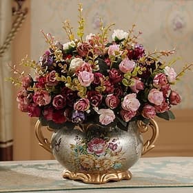 European Artificial Vintage Flower Arrangement Vase Set Golden Resin Vase Fake Flower, Luxury Home Decor, Tabletop Flower Arrangement for Living Room, Office,