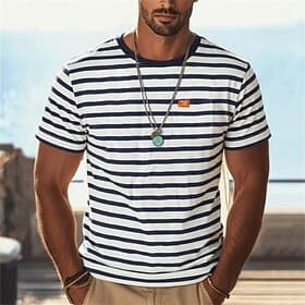 Hombre Camiseta Manga Corta Cuello Barco Verano Bretón Tiras horizontales Ligeras Uniformes Navales Transpirable Bolsillos A rayas Casual Playa Rojo Camiseta s