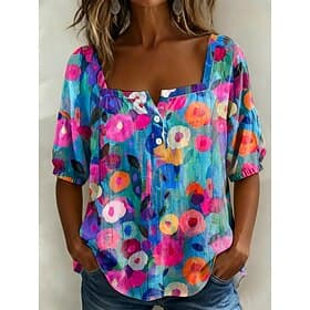 Women's Blouse Print Floral Graphic Daily Stylish Casual Half Sleeve Square Neck Regular Tops Casual Daily White Yellow Pink Green Summer Spring
