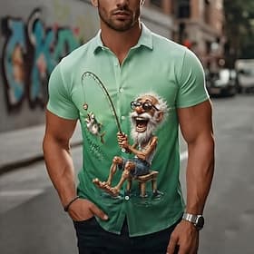 Men's Cartoon Characters Old Man Fishing Shirt Summer Shirt Button Up Shirt Short Sleeve Funny Vintage Retro Daily Outdoor Vacation Summer Spring Turndown 3D P