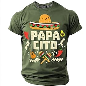 Men's Papacito Mexican Sombrero Cinco De Mayo Fiesta Funny Father's Day T Shirt Graphic Casual Short Sleeve Olive Green Chili Pepper Avocado Maracas Gift Desig