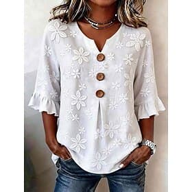 Damen Hemd Bluse Bestickt Knöpfe Blumen Grafik Mode Lässig Strand Halbarm V Ausschnitt Normale Oberteile Lässig Weiß Sommer