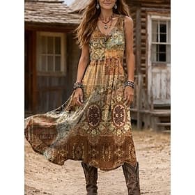 Women's Midi Dress Sundress A Line Dress Vacation Casual Boho Holiday Regular Fit Graphic Geometric Sleeveless V Neck Brown Khaki Summer Spring