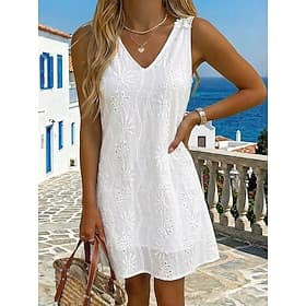 Women's Mini Dress White Dress Eyelet Dress Elegant Fashion Modern Beach Vacation Holiday Regular Fit Floral Sleeveless V Neck White Rose Red Summer Spring