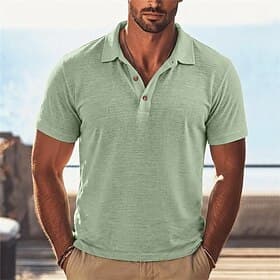Men's Linen Shirt Polo Shirts Casual Vacation Classic Short Sleeve Vacation Fashion Plain Textured Buttons Summer Spring Regular Fit Lake blue Black Pink Green
