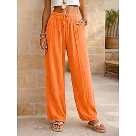 Women's Linen-feel Pants Wide Leg Summer Pants Pants Trousers Vacation Fashion Streetwear Full Length Mid Waist Plain Drawstring Elastic Waist Leg Drawstring C