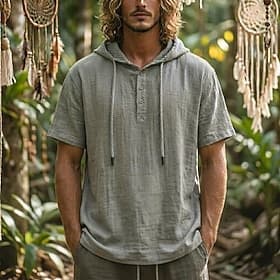 Men's Shirt Linen Shirt Popover Shirt Summer Shirt Beach Wear Hooded Shirt Solid Color Casual Vacation Blue Black White Navy Blue Short Sleeve Hooded Summer Sp