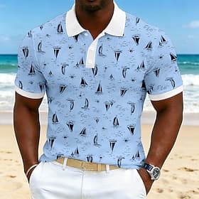 Men's Graphic Hawaiian Polo Shirts Short Sleeve Polo Shirts Collared Shirts Casual Athleisure Vacation Wear 3D Print Buttons Breathable Mesh Spring Summer Blu