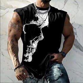 Men's Skull Abstract Face Distressed Grunge Edgy Streetwear Sleeveless T Shirt Tank Top Graphic Crew Neck Muscle Fit Gym Summer Casual Designer Clothing Appare