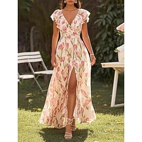 Women's Maxi long Dress Maxi Dress Chiffon Dress Floral Dress Print Dress Elegant Modern Outdoor Vacation Going out Regular Fit Floral Sleeveless V Neck Pink S