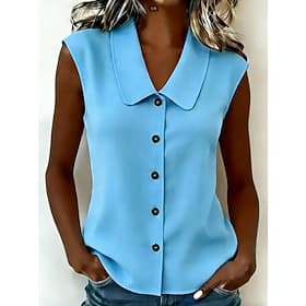 Femmes Chemisier Boutons Couleur Unie Quotidien Élégant Basique Sans manches Col Rabattu Hauts Réguliers Quotidien Bleu Noir Blanche Abricot Été Printemps