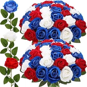 24 Artificial Roses For July 4th Decoration, Red, White, And Blue Patriotic Floral Arrangement, Realistic Velvet Silk Roses, Sold In Bulk For Memorial Day Cent