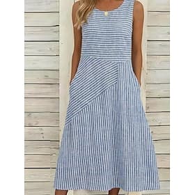 Women's Midi Dress Casual Dress Striped Dress A Line Dress Elegant Fashion Daily Vacation Regular Fit Striped Sleeveless Crew Neck Blue Black Khaki Summer Spri