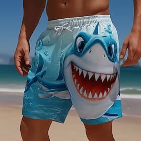 Men's Shark Funny Cartoon Animals Swim Trunks Bathing Suits Swim Shorts Board Shorts Mid Waist Hawaiian Beach Vacation Wear Side Pockets Mesh Lining Elastic Dr