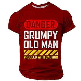 Men's Danger Grumpy Old Man Proceed With Caution Funny Sarcastic Humor Warning Sign T Shirt Graphic Crew Neck Short Sleeve Father's Day Gift for Grandpa Dad Re