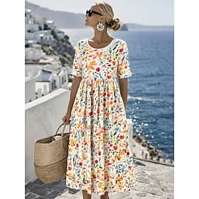 Femmes Robe Midi Robe fourreau Vacances Occasionnel Fête Coupe régulière Fleuri Graphique Manche Courte Col ras du cou Bleu Jaune Rose Claire Vert Été Printemp